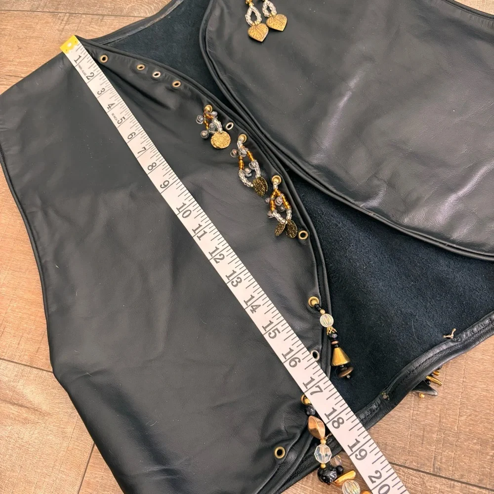 Hand Crafted Leather Vest Women's Open Front Cropped Black with Beads
